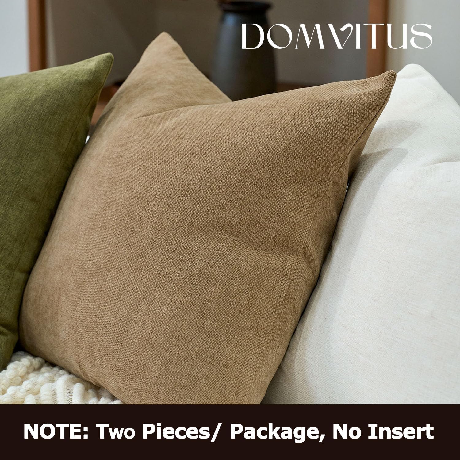 DOMVITUS Throw Pillow Covers 20x20 Pack of 2, Decorative Soft Soild Textured Accent Cushion Case, Neutral Boho Farmhouse Linen Pillow Covers for Couch Sofa Bedroom Living Room Home Decor, Khaki