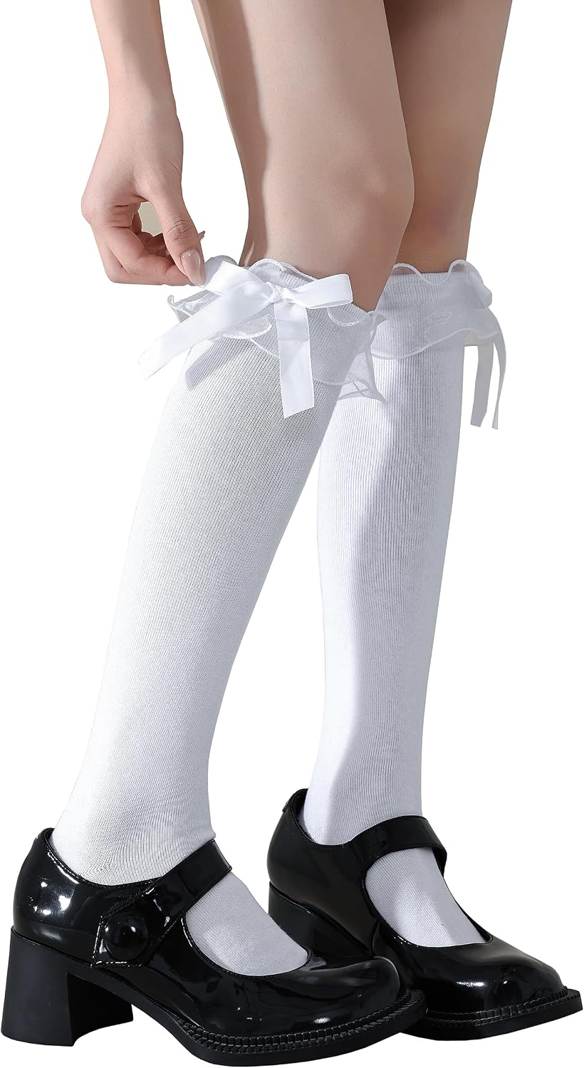 Women's Lace Bow Ruffled Knee High Socks, Long Cotton Dress Socks