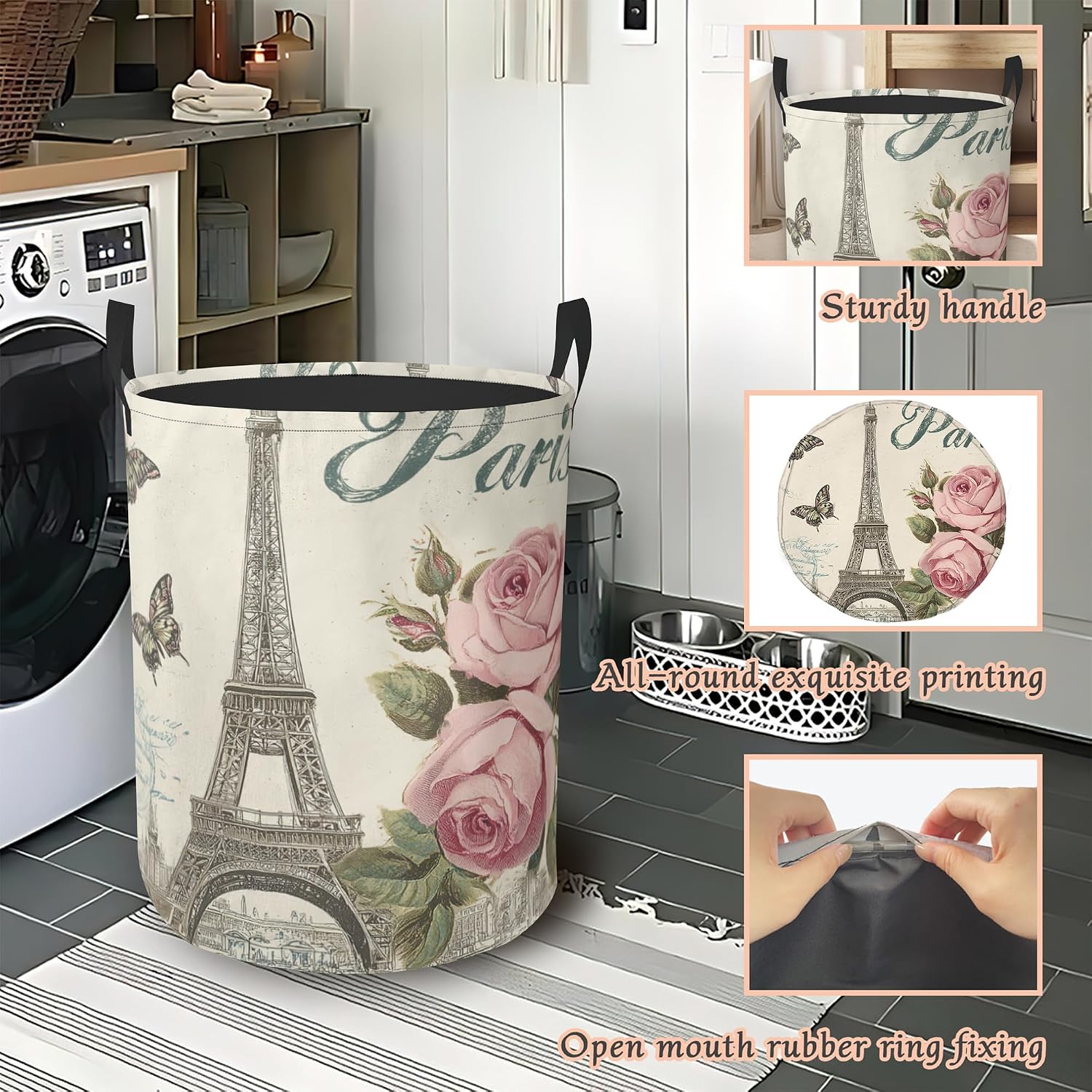 Eiffel Tower Butterfy Laundry Basket with Handles,Pink Rose Waterproof Clothes Organizer Bin Collapsible Storage Basket for Bedroom Bathroom Dorm Room 16" x 20.8"