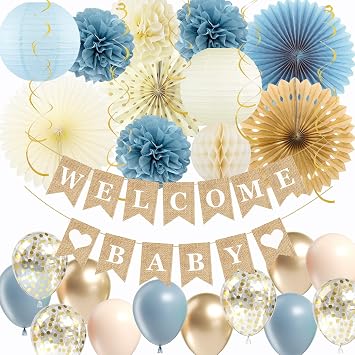 Light-Dusty Blue Boho Baby Shower Party Decorations-Welcome Baby Banner, Honeycomb Balls, Paper Lanterns, Fans, Pom Poms, Circle Garland, Balloons for Baby Boy Shower Party Decorations