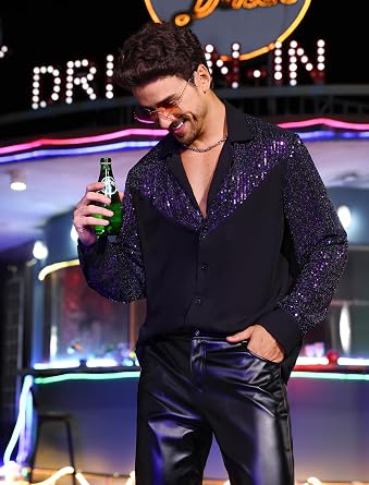 Men's 70s Shirt Long Sleeve Button Down Sequins Glitters Shirts Rave Party Nightclub Shirts