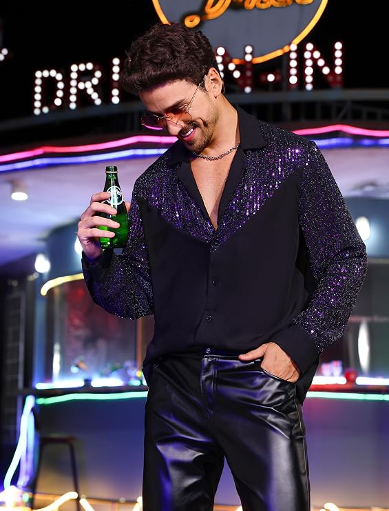 Men's 70s Shirt Long Sleeve Button Down Sequins Glitters Shirts Rave Party Nightclub Shirts