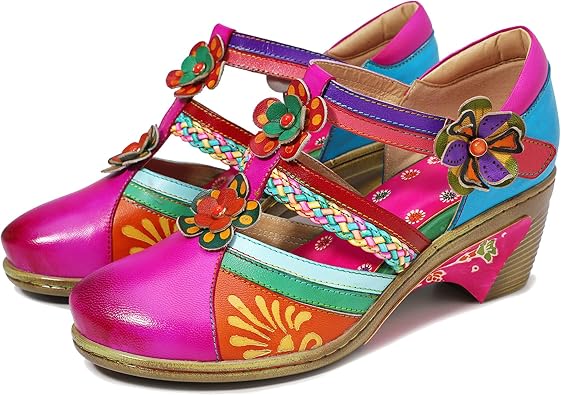 Riutiru Womens Handmade Lambskin Retro Casual Sandals for Spring and Summer, Contrast 3D Color-blocking Flower Comfortable High-heeled Sandals for Women