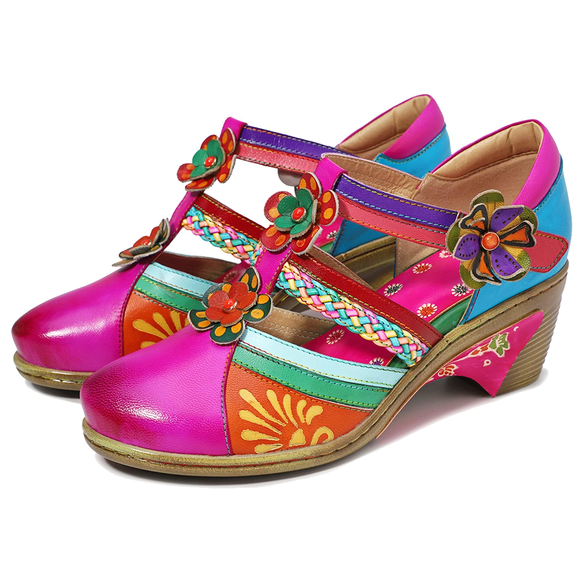 Riutiru Women's Handmade Lambskin Retro Casual Sandals for Spring and Summer, Contrast 3D Color-blocking Flower Comfortable High-heeled Sandals for