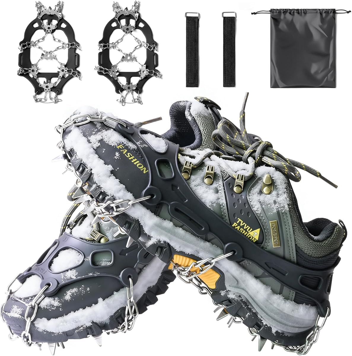 Steigeisen Eisstollen Traktion, Grödel Steigeisen für Bergschuhe mit 24/32 Zähne Verdickte Schuhkrallen aus Edelstahl Anti-Rutsch Schuhspikes für Schuhe Stiefel, Gehen, Joggen, Angeln, Wandern