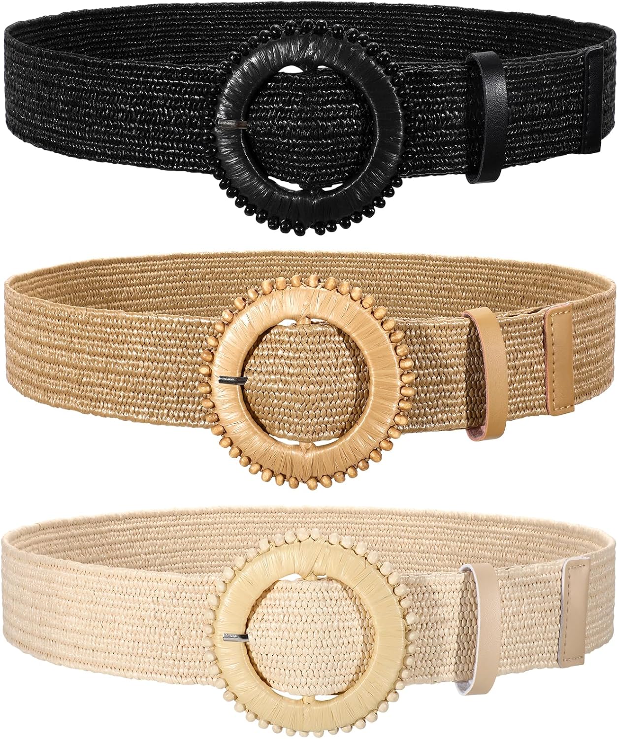 TRIWORKS 3 Pack Straw Woven Stretch Belt for Women,Raffia Elastic Belt for Dress Wide Boho Waist Belt with Round Buckle
