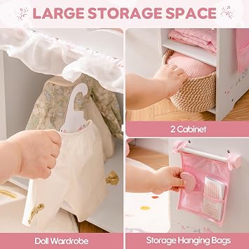 ROBOTIME Baby Doll Crib Wooden Baby Doll Changing Table with Storage Bedding & Hooks, Fits 18-21 Dolls, Doll Bed Playset for Girls Ages 3+