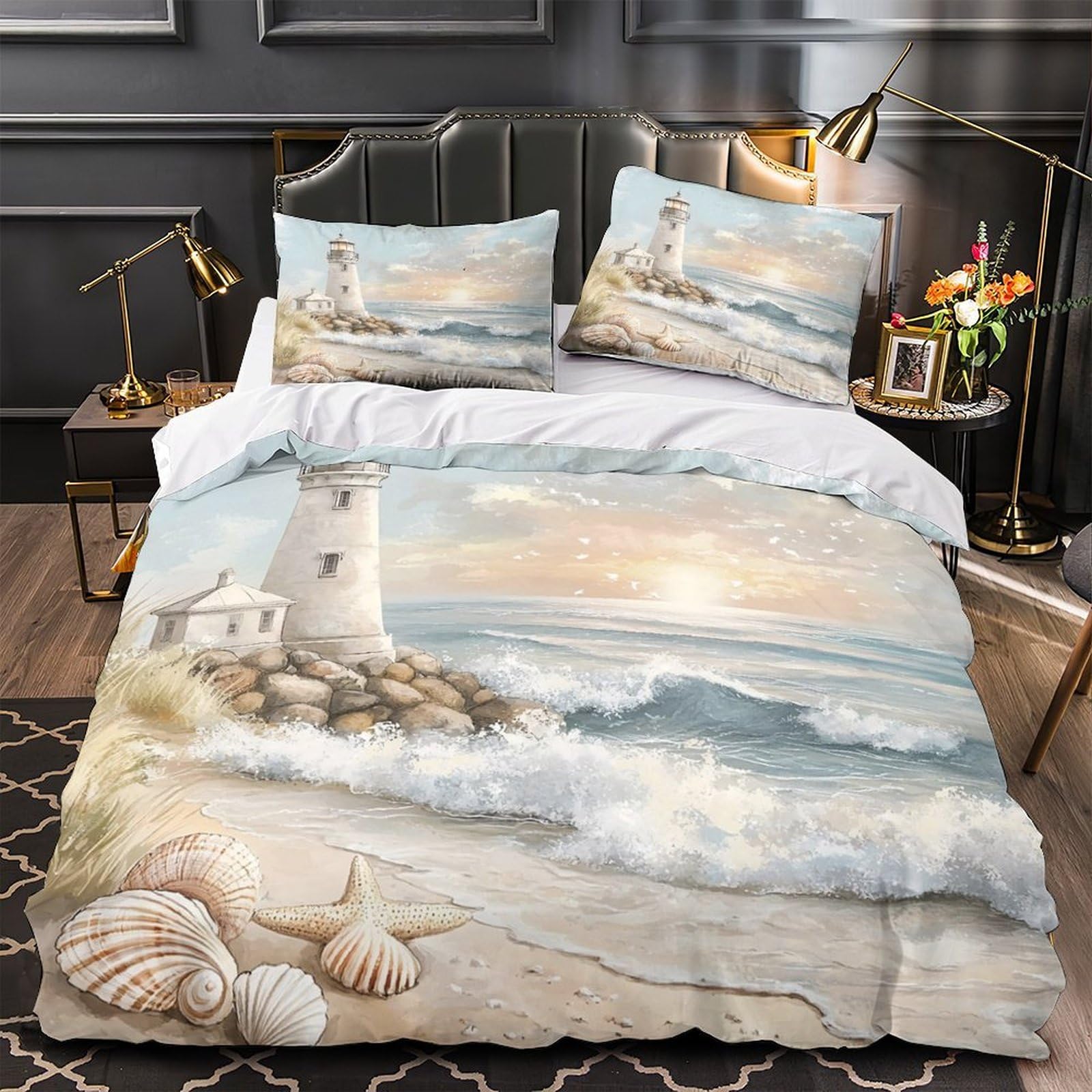 Housse de couette phare en bord de mer 135x200cm lit simple effet 3D