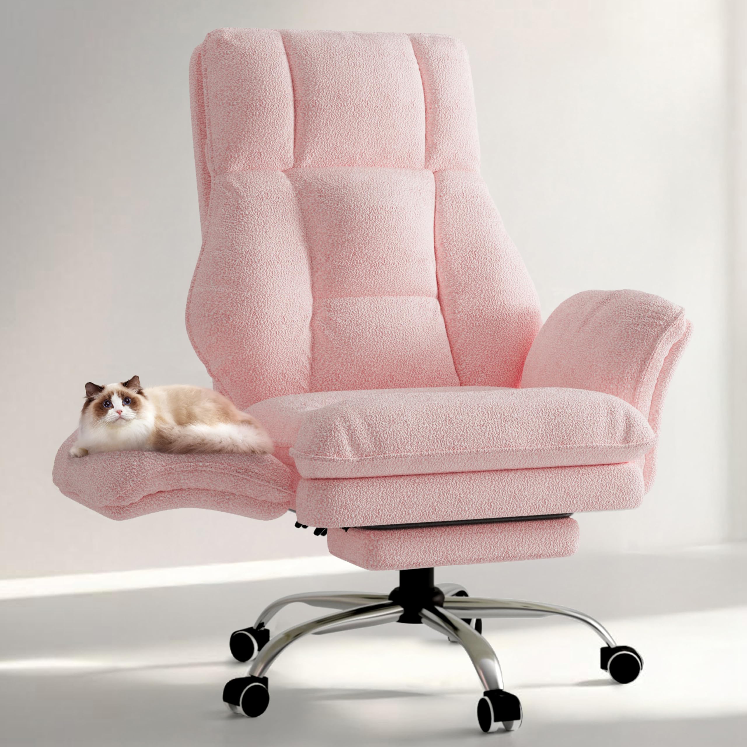 Big and Tall Office Chair, Ergonomic Executive Desk Chair with Foot Rest, Wide Seat Cross Legged Chair, High Back Reclining Home Office Chair, Teddy Fleece Computer Chair with Flip-Up Armrests, Pink