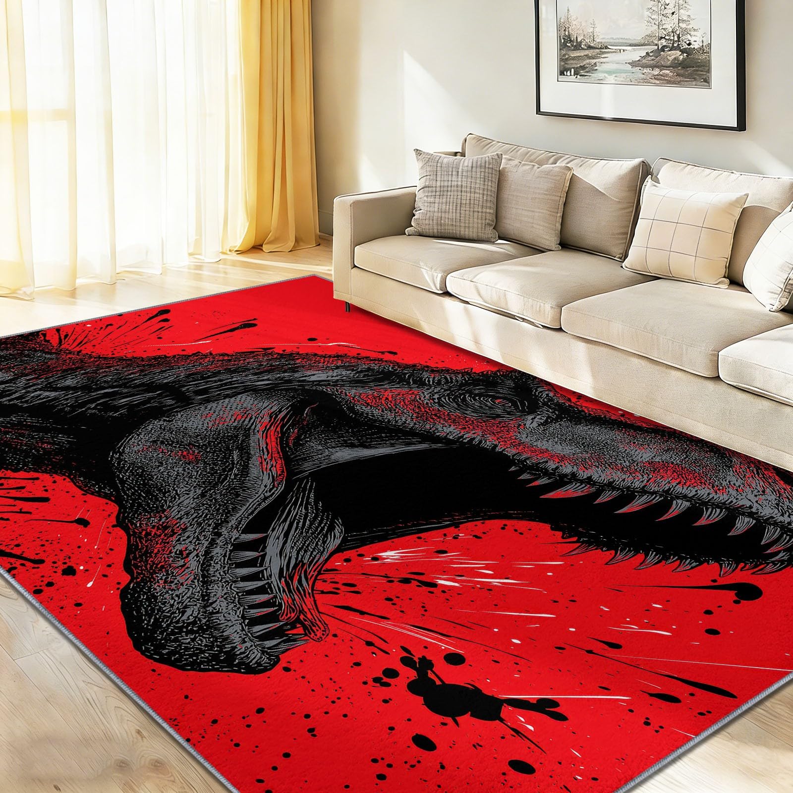 Dywan antypoślizgowy do salonu, 140 x 200 cm, dywan z niskim włosiem nadający się do prania w pralce z nadrukiem dinozaura anime, efekt 3D, do pokoju dziecięcego, pokoju zabaw, kolorowy