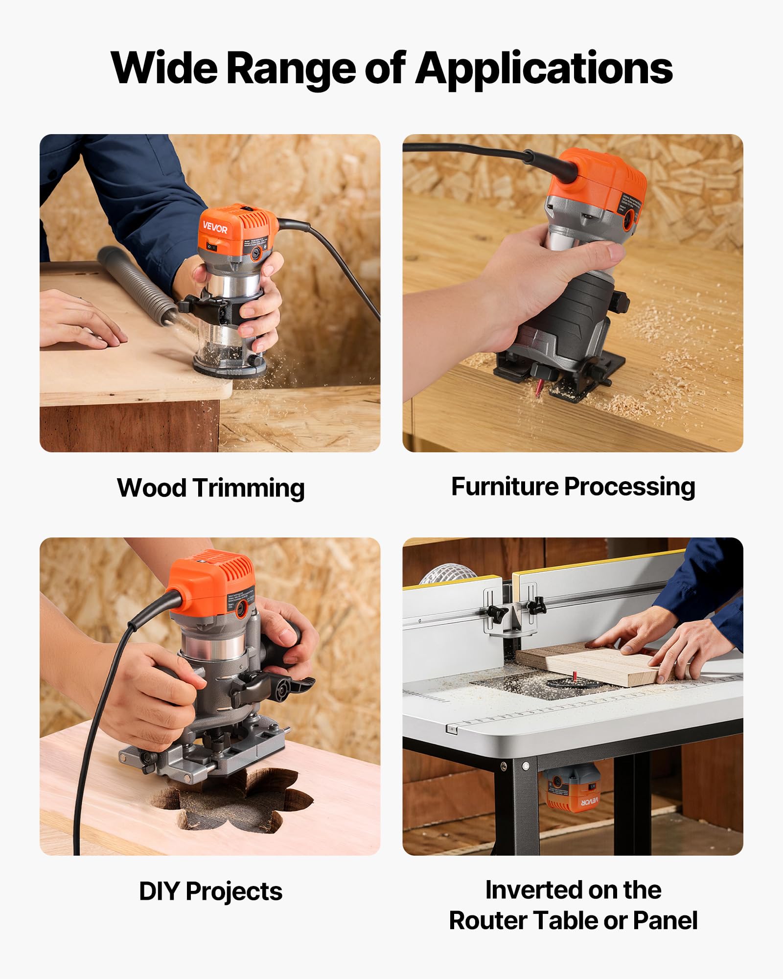 VEVOR Fresadora de Madera 1 HP 710 W, Rebajadora Eléctrica de 6 Velocidades Variables, Arranque Suave, con 3 Bases y Guía Paralela, Fresadora de Cantos para Carpintería, Bricolaje, con Cable
