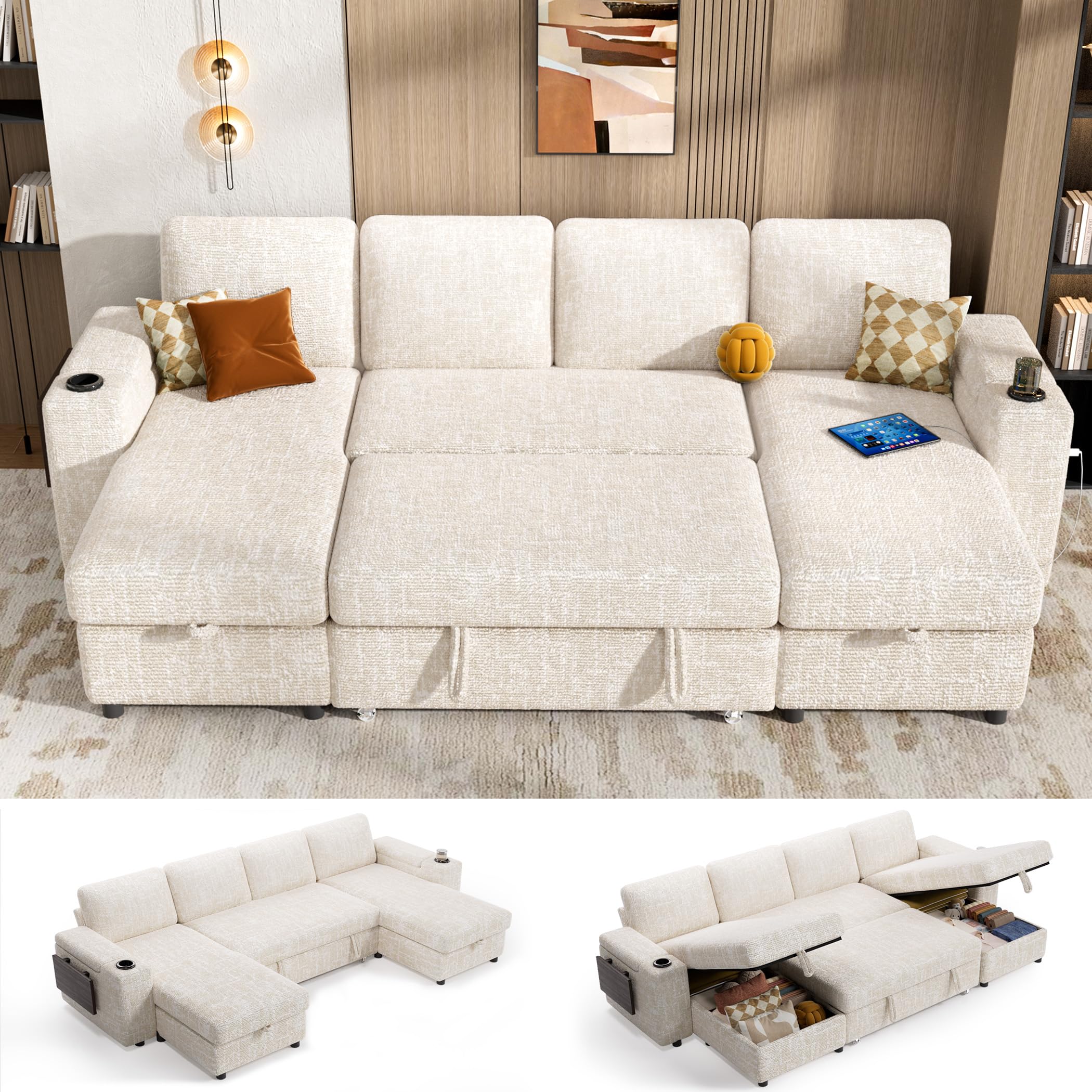 Vipbear 108 Inch Modular Sectional Sleeper Sofa with Pull Out Bed in Beige