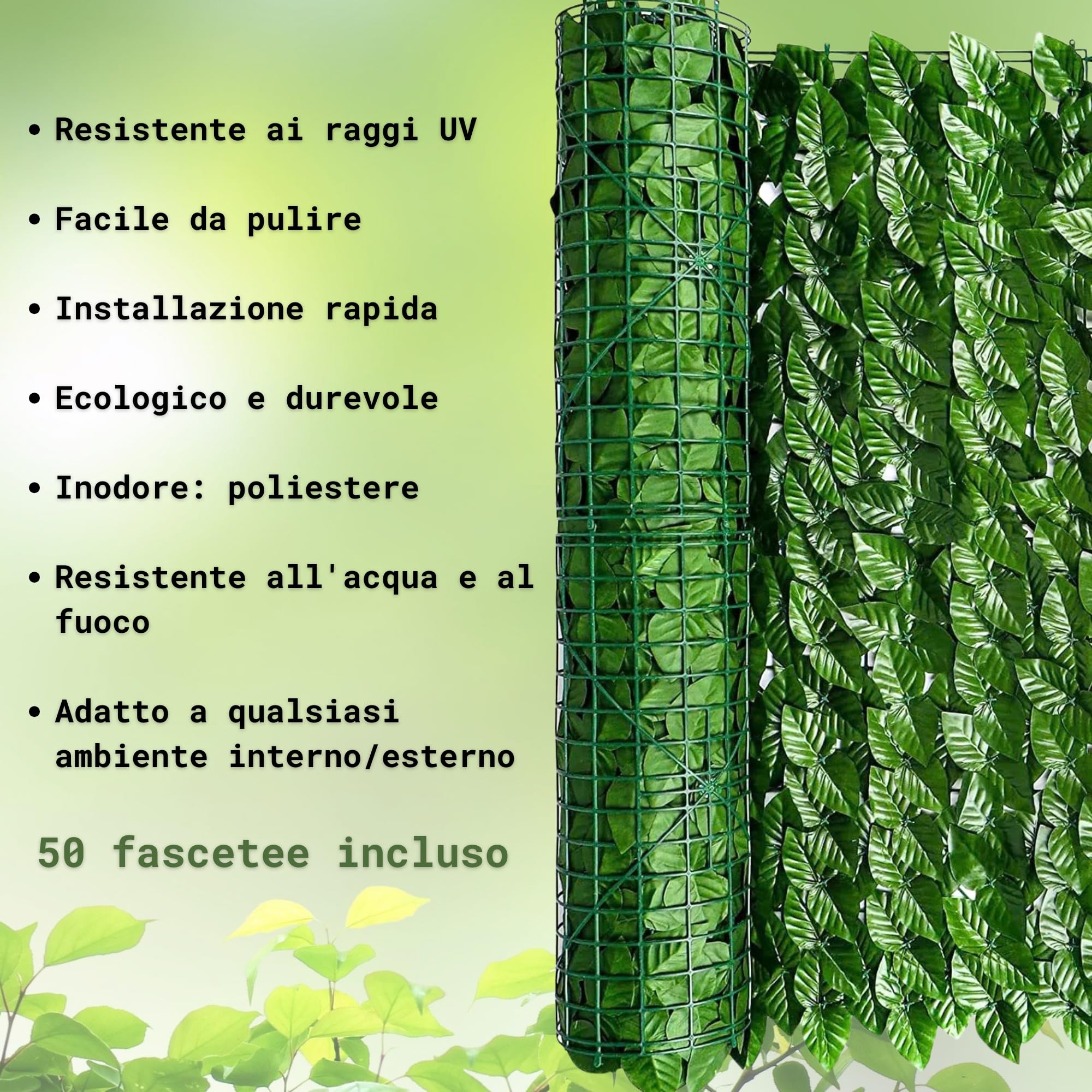 siepe artificiale da esterno e interno, siepe finta per recinzione, edera finta artificiale, frangivista balcone e recinzione giardino, 50 fascetti verdi inclusi (FOGLIE DI LAURO, 1x3 Mt)