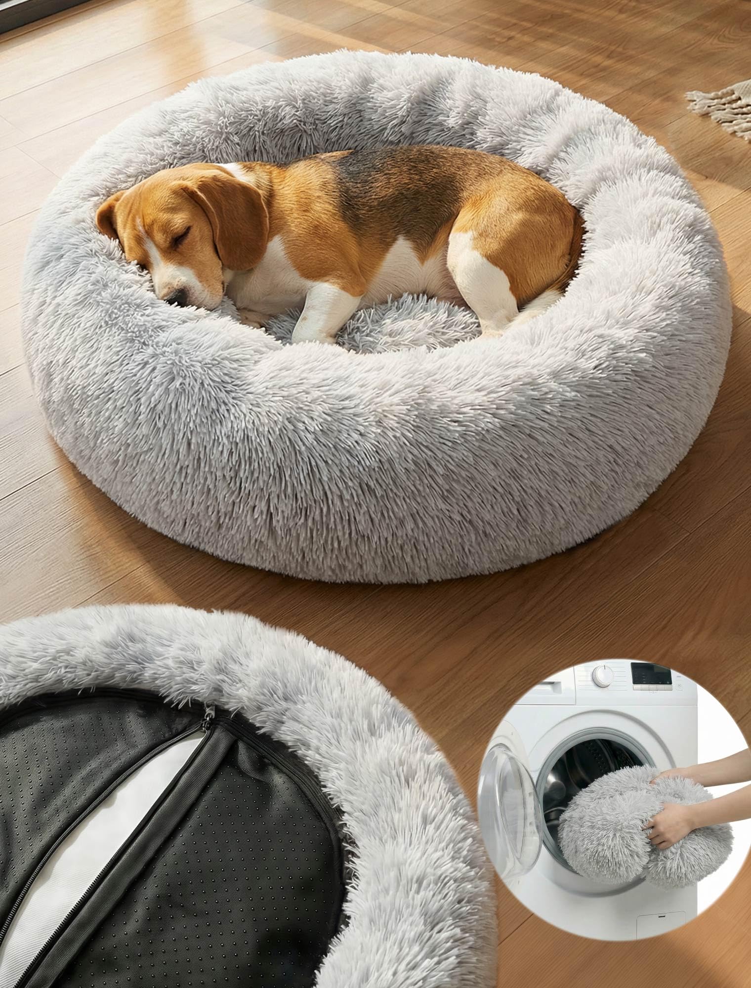 Beruhigendes Hundebett mit abnehmbarem Bezug, waschbar,  Donut-Anti-Angst-Hundebetten, weich, rund, kuschelig, Plsch, gemtlich,  warm, 60 cm, Hellgrau ...