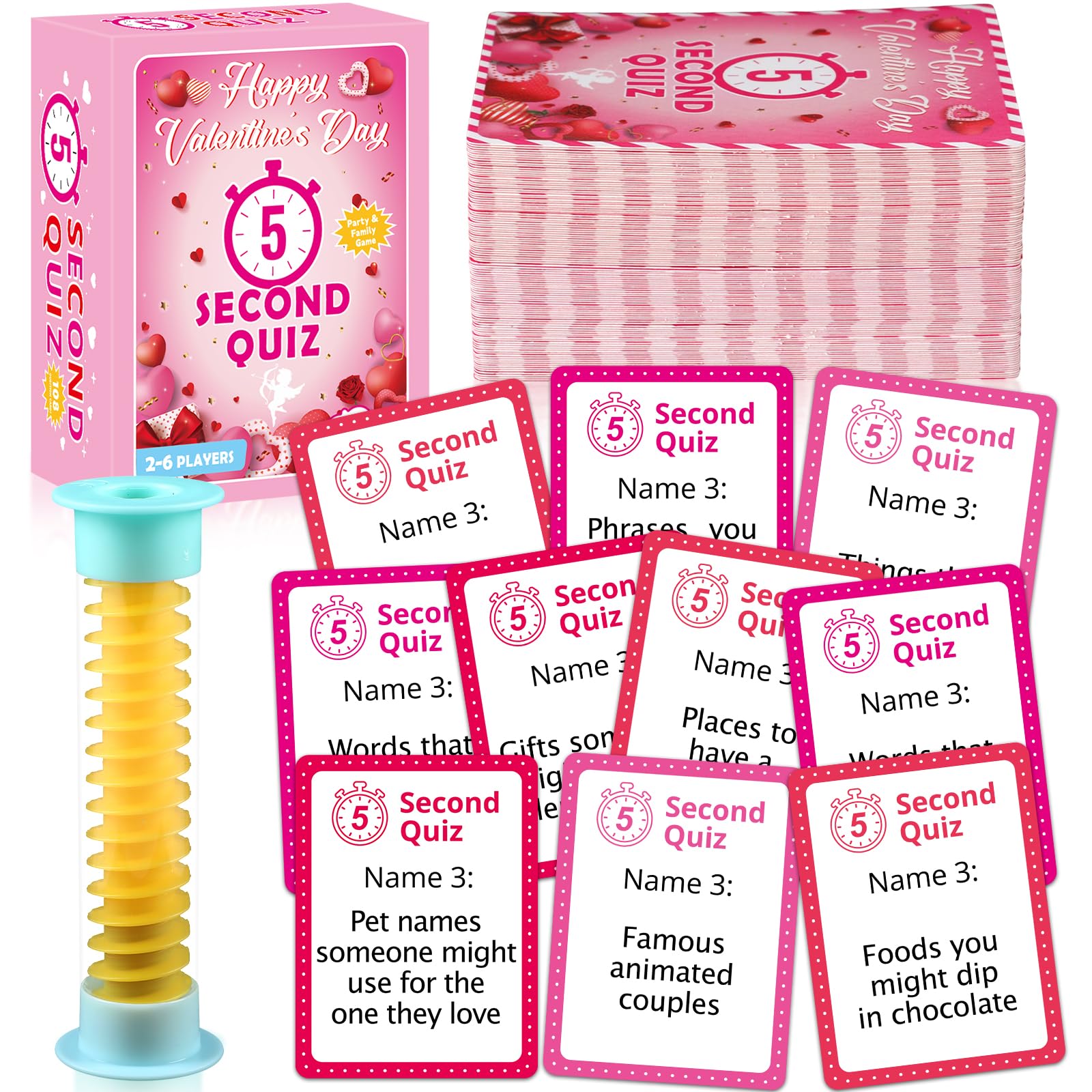 Valentine 5 Second Game 108 Valentines Day Simple Question Cards 5 Second Hourglass Valentine Question Card Games for Adults Family Party Galentine Night Travel Game Think Fast and Shout Answers