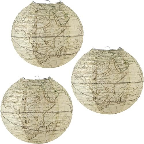 Beistle 3 piezas Bon Voyage Around The World - Linternas de papel para colgar con temática de viaje, 15.5 pulgadas, bronceadomarrónnegro