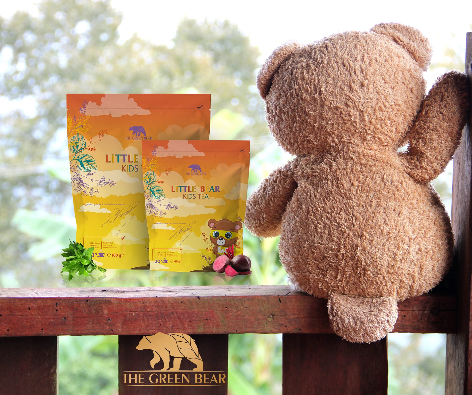 The Green Bear Baby Tea Baby Fenchel Tee mit natürlichen Rote Beete & Kamille Tee Blätter – Antioxidantireicher Kräutertee Zucker und koffeinfreier Tee – Gesunder Tee für Babys – 1 Pkg = 20 Dosen