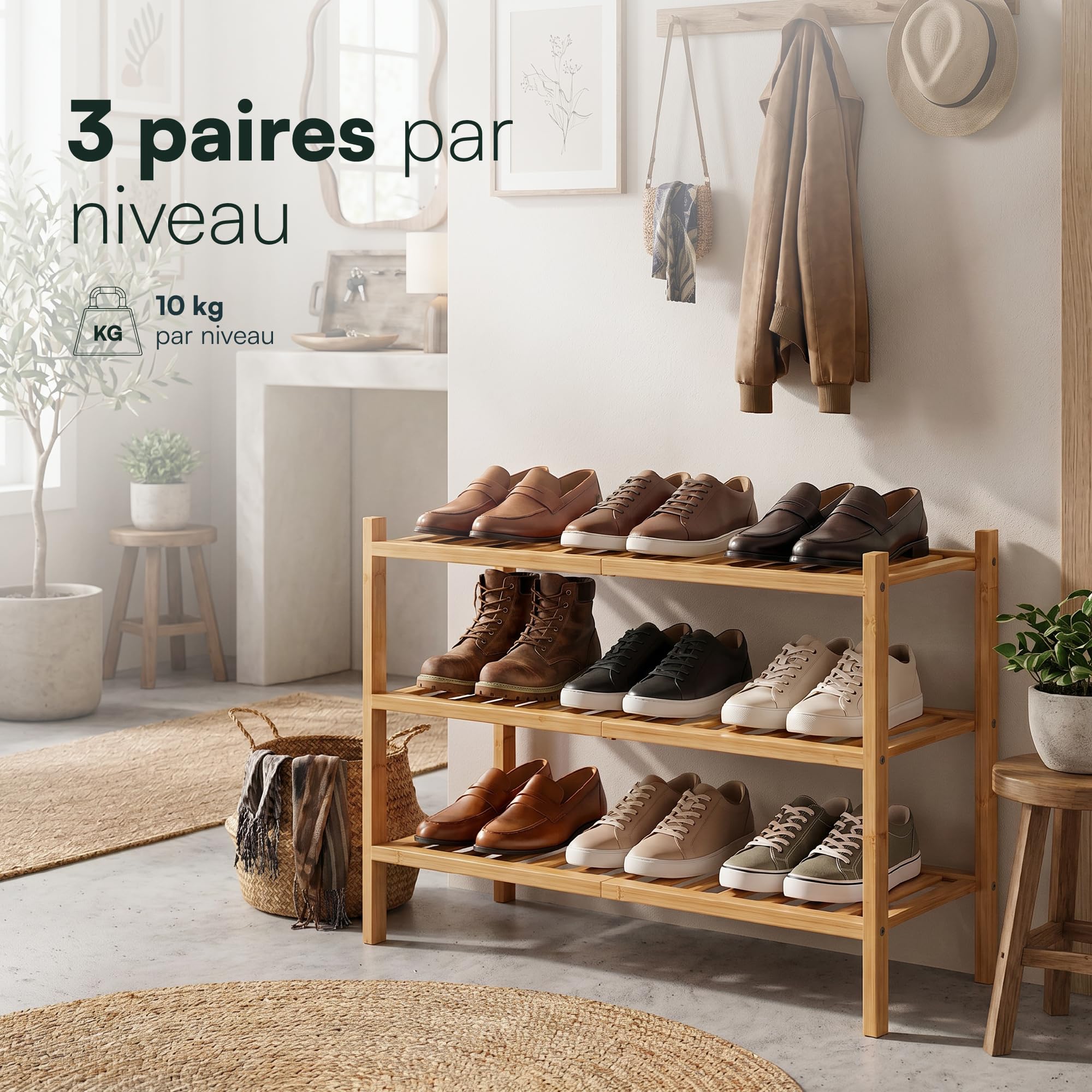 Meuble à Chaussures Entrée - Rangement Chaussures - Étagère Bambou | BAM BOO BOX Étagère à Chaussures 3 Niveaux Bambou – Range Souliers Gain de Place 68x28x46,5 cm – Support Empilable
