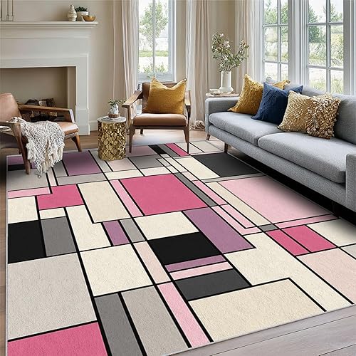 Miniatura 129 de Alfombra retro de los años 70, alfombras de área de 6 x 8 pies, patrón geométrico moderno de mediados de siglo, para sala de estar, dormitorio,