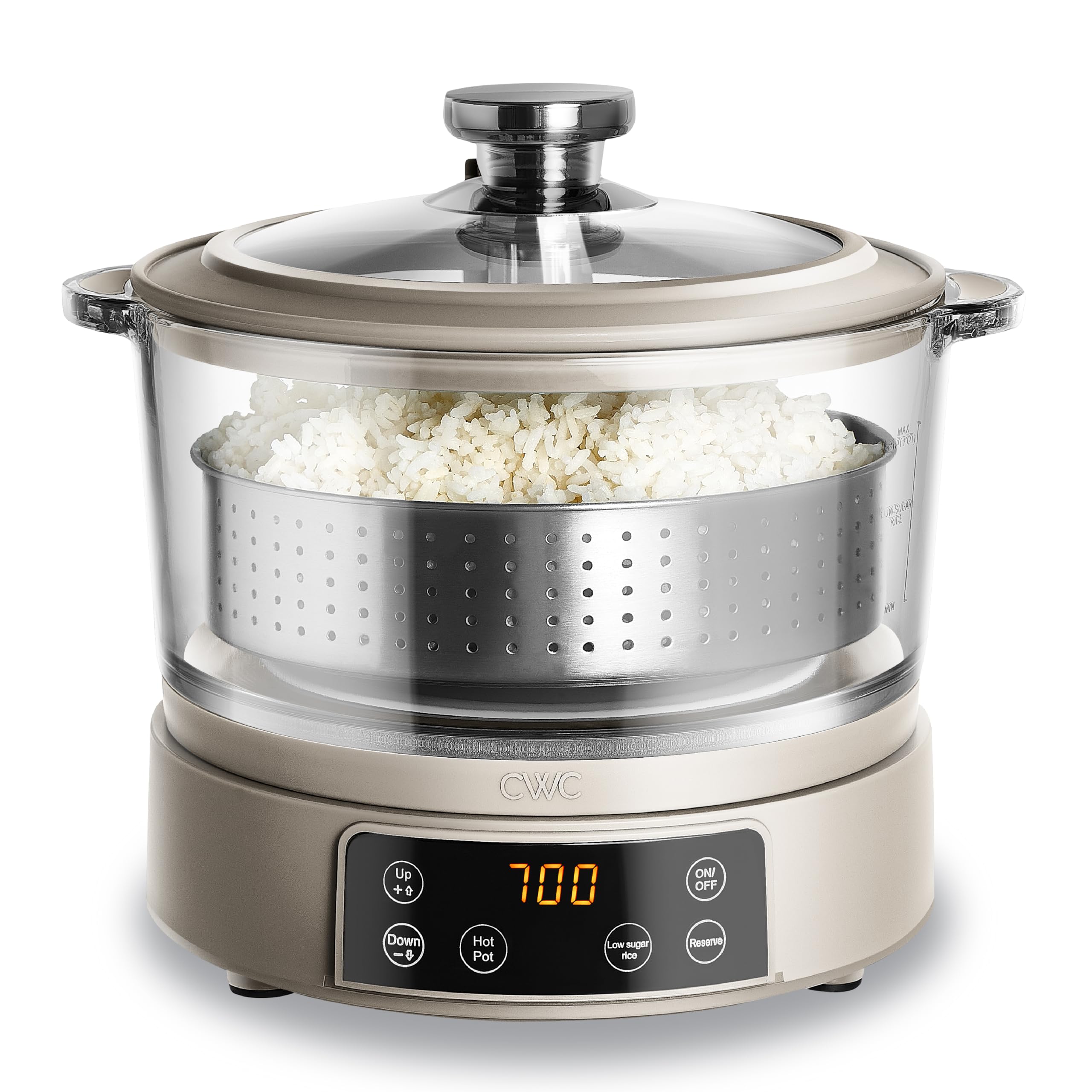 3L Glass Mini Low Carb Rice Cooker – Holds 2 Cups Raw/Makes 6 Cups Cooked with Auto Lift Filter Basket, Hotpot & Steamer for Rice, Grains, Digital Panel with Keep Warm, Greige