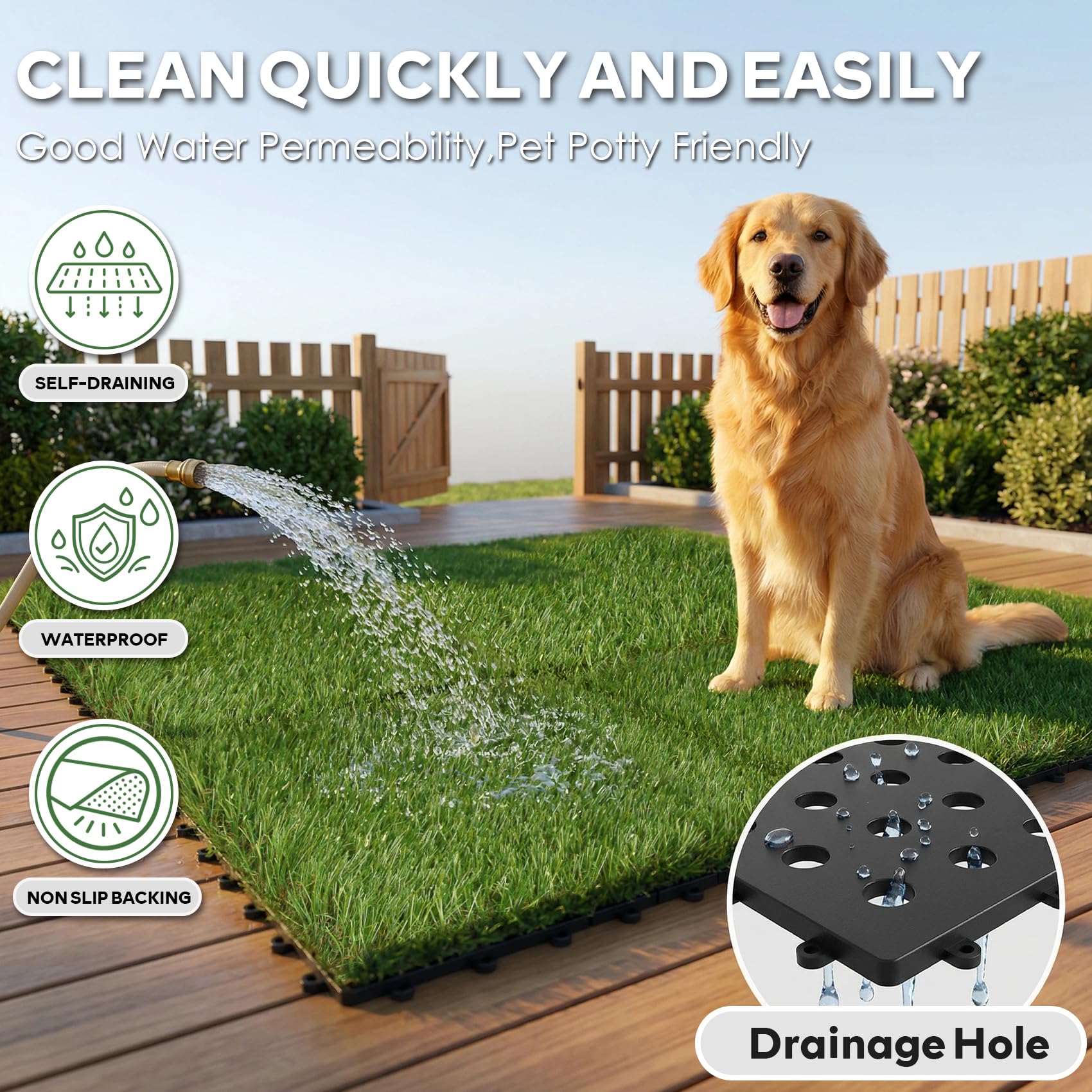 XLX TURF Piastrelle in erba artificiale ad incastro, per terrazza, autodrenante, con fibbia rettangolare ad incastro, 30 x 30 cm, confezione da 6