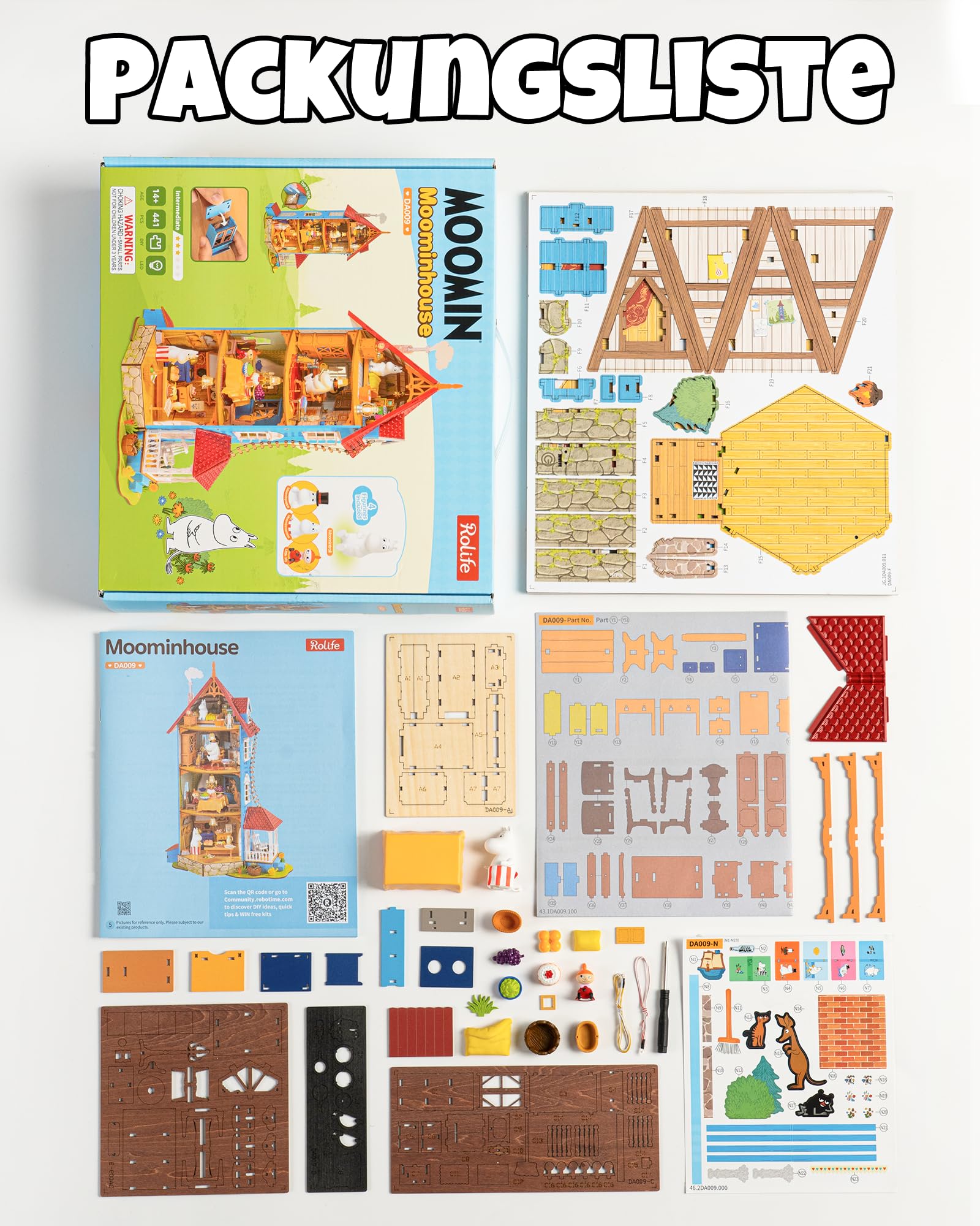 Rolife DIY Miniatur Puppenhaus Moominhouse 441 Teile Holz Bausatz | Offizielles Moomin 3D Holzpuzzle, 4-Ebenen Moominhaus mit LED, 4 Figuren, Klebstofffreies Bastelset, Deko Geschenk