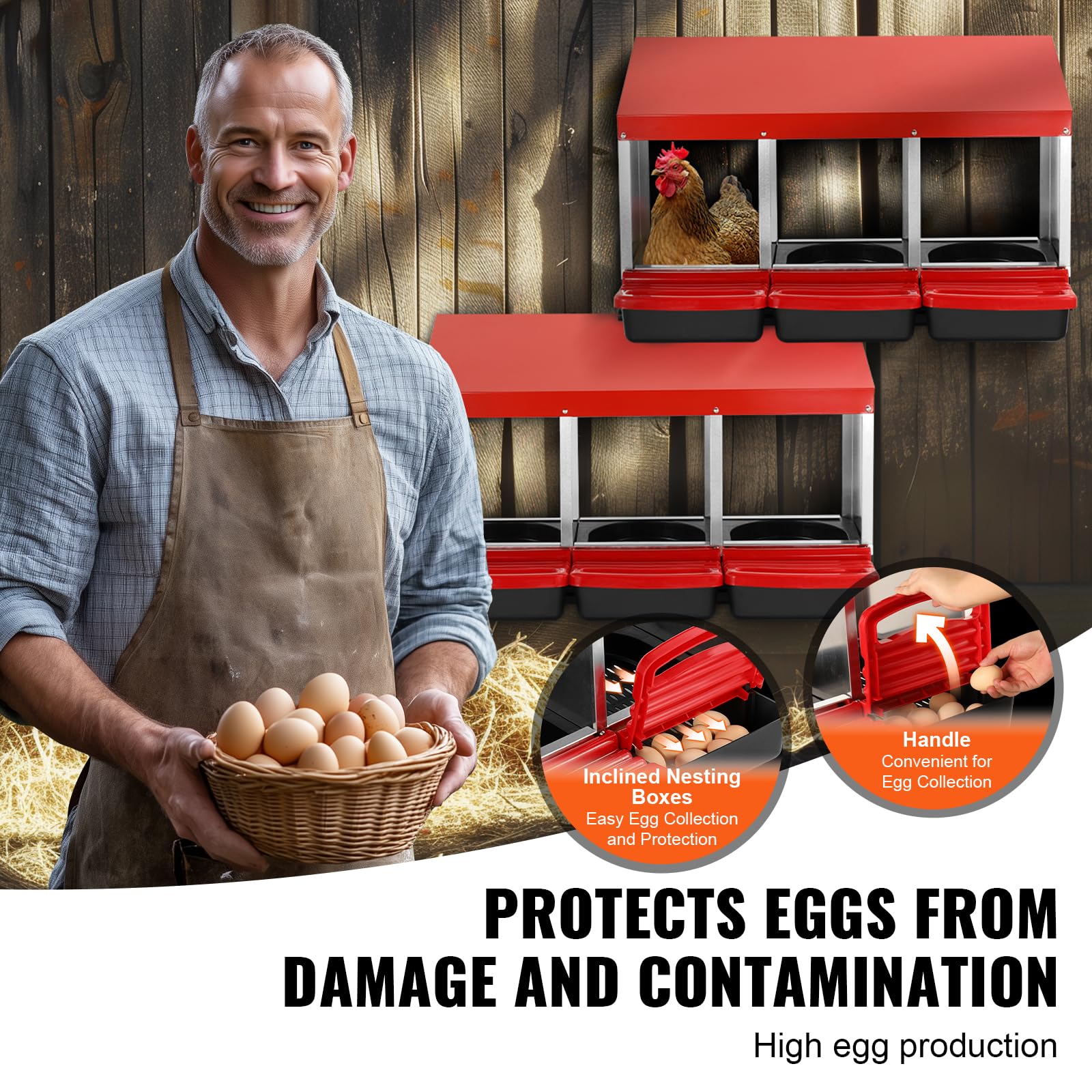 VEVOR Nido per Polli 796 x 525 x 475 mm Nido per Galline a 3 Scomparti, Stabile Resistente alla Corrosione, con Nidi Inclinati, Fori sul Fondo e Piattaforma di Riposo, Adatto a Diverse Razze di Polli