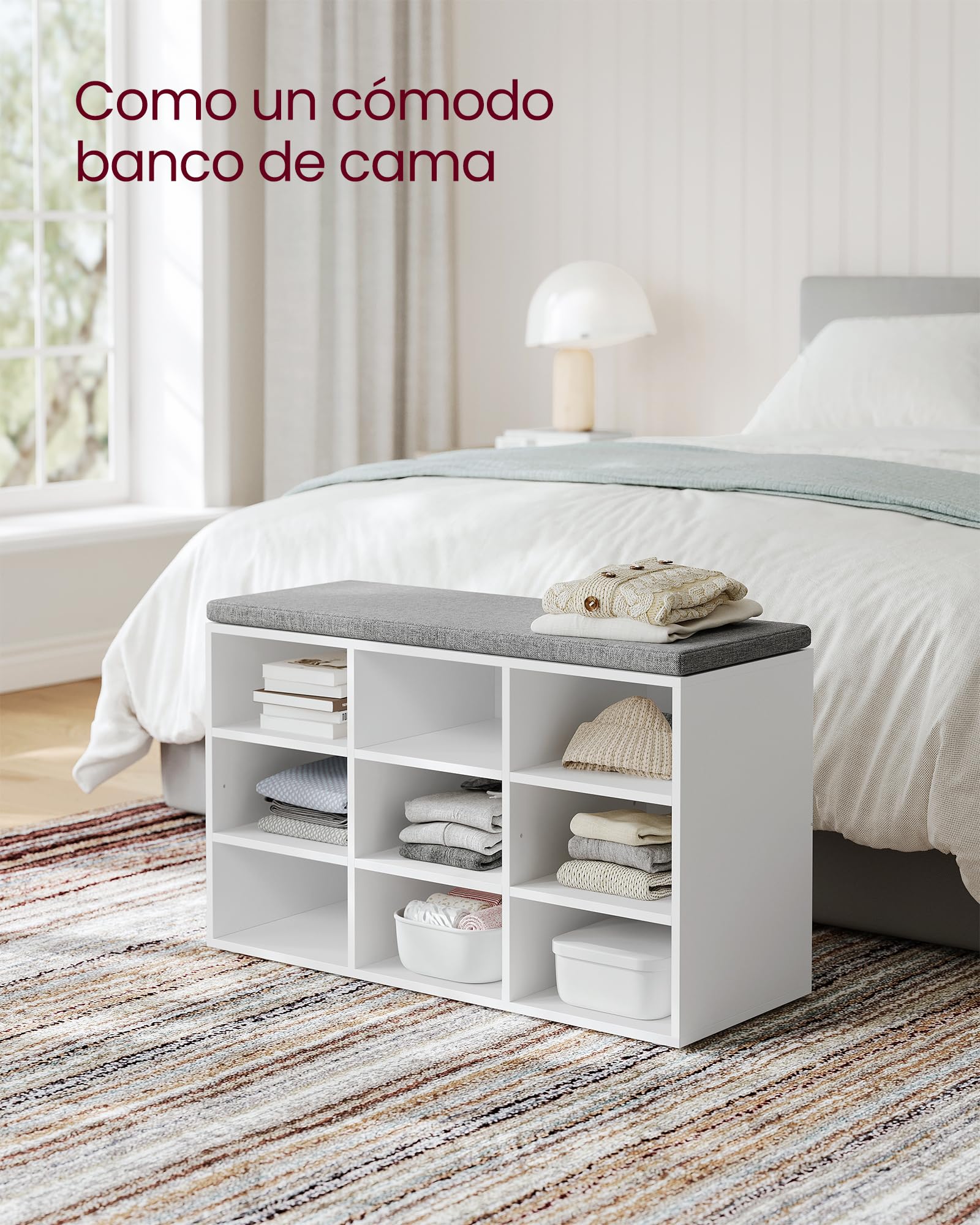 VASAGLE Custos Colección - Banco Zapatero, Zapatero con Asiento, con Cojín y 9 Compartimientos, Estantes Ajustables, para Entrada, Sala de Estar, 30,3 x 78,5 x 48 cm, Blanco Clásico LHS009W14