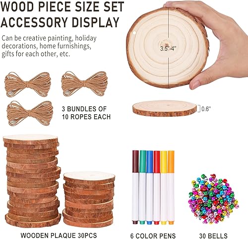 Miniatura 2 de Max Fun Juego de rebanadas de madera natural para manualidades, adornos de Navidad sin terminar preperforados con agujero, círculos de madera para