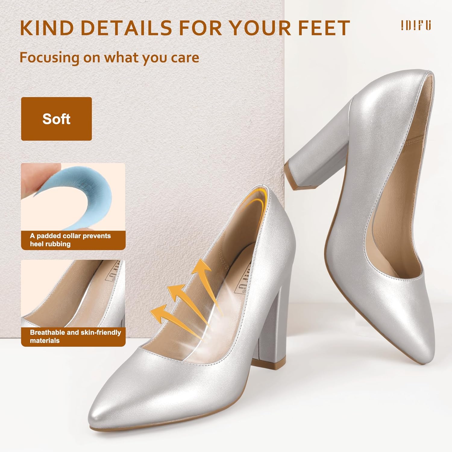 IDIFU Women's IN4 Chunky-HI Block High Heels Closed Pointed Toe Pumps Dress Office Shoes for Women 5.5 Silver Pu