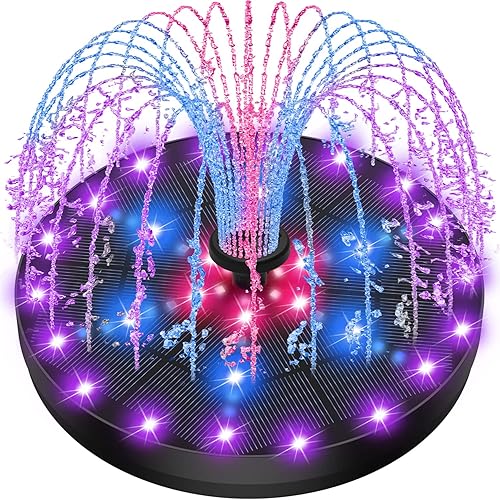 Yzert Fuente solar mejorada de baño para pájaros con 60 luces LED, bomba de fuente de agua con batería de respaldo, 7 boquillas, 4 fijadores, fuente