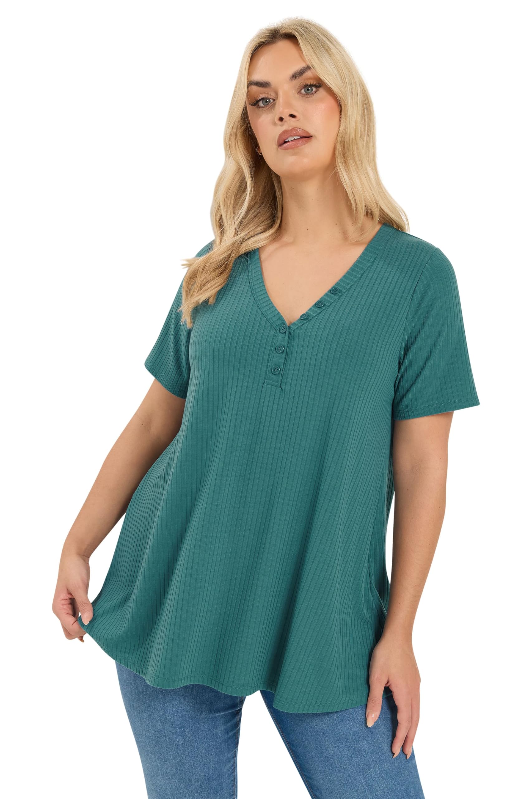 Yours Women's Teal Henley Short Sleeve T-Shirt In Size 22-24