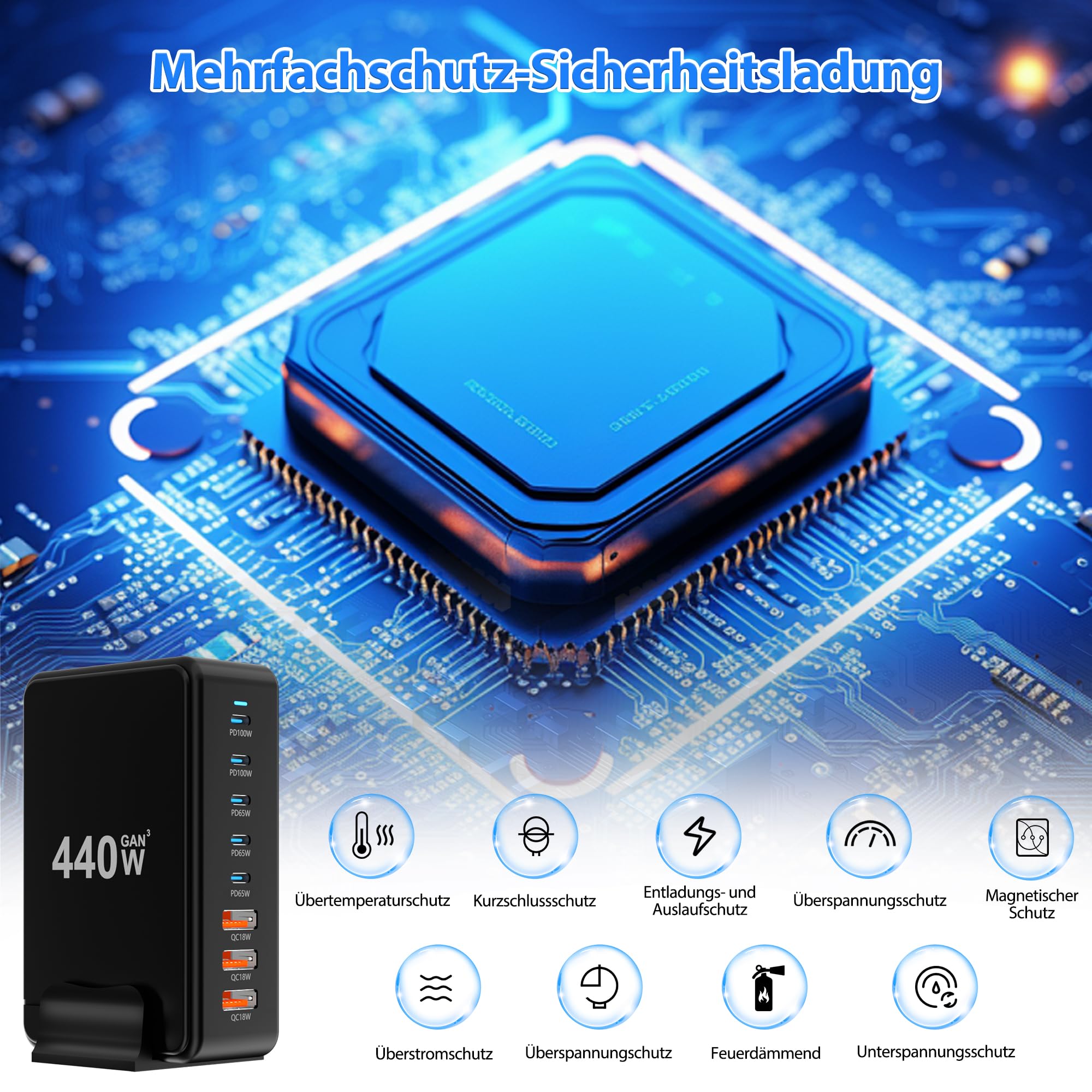 Stazione di ricarica USB C, 440 W, 8 porte, 5 USB-C, 3 USB-A, tecnologia GaN, per telefoni cellulari, laptop, tablet, cuffie