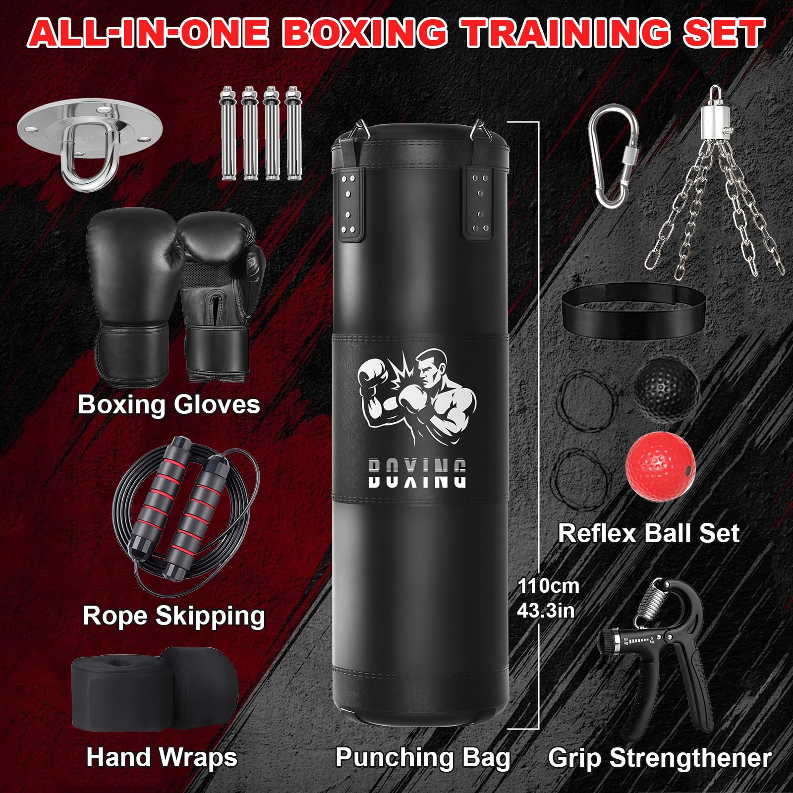 Sac de Frappe Adultes, Qoosea 120cm Lourd Sac de Boxe avec Gants et Bandage de Boxe, Suspension Punching Ball pour Entraînement de Kickboxing, MMA Karaté Taekwondo Idéal Cadeau- Non Rempli