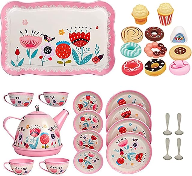 xwin sportseries Colorful Tin Tea Party Set with Dessert Toys Including Cups and Plates, Metal Teapot, Saucers, Washable Dishes Made of Safe Material For Your Kids and Toddlers, Enhance Child Skills