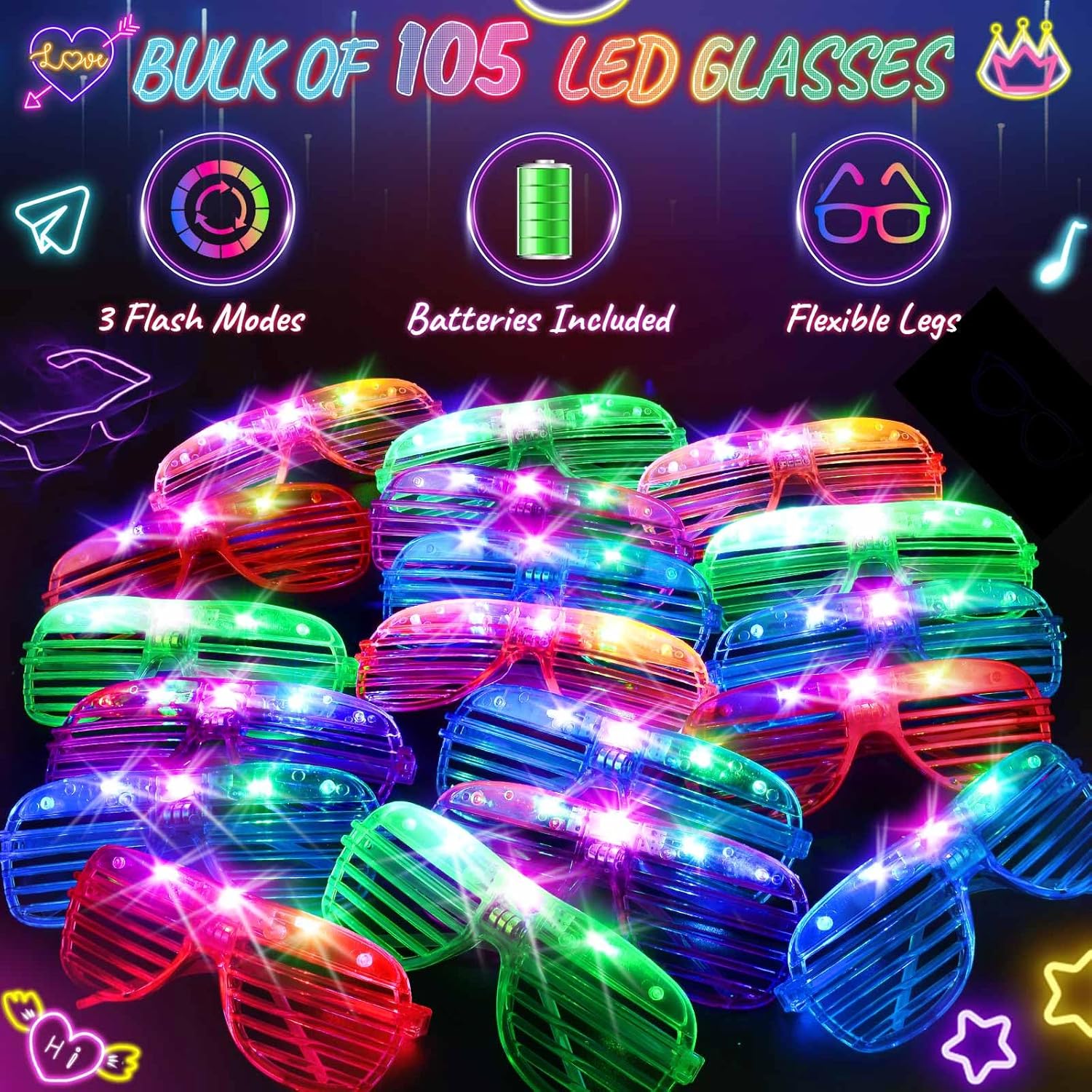 HONLYNE105 PCS LED Glasses, Glow in the Dark Party Supplies Light Up Glasses for Kids Adults, Neon Flashing Glasses Glow Party Glow Glasses Bulk Party Pack for Halloween Birthday Wedding Rave Carnival - Image 6