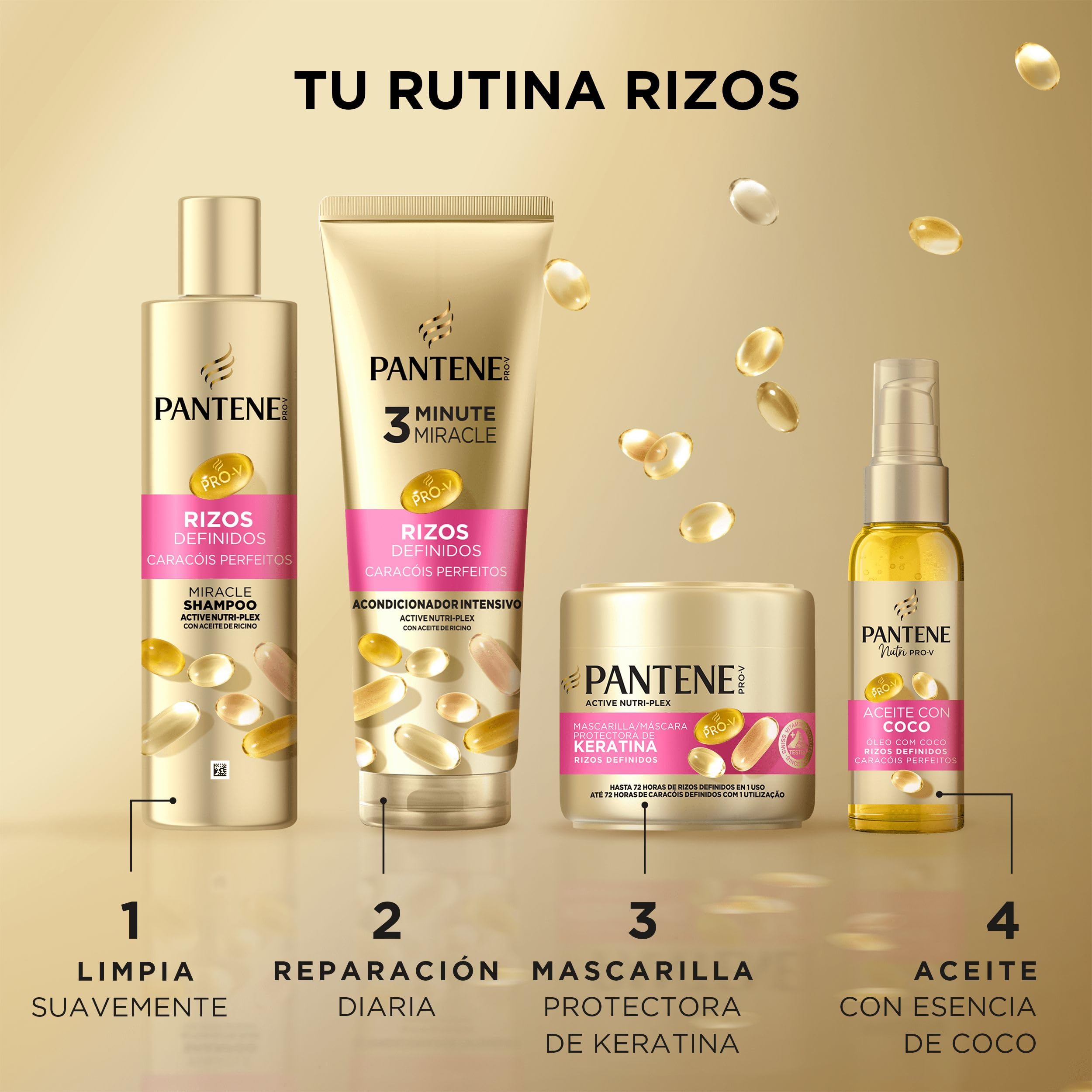 Pantene Rizos Definidos Champú Miracle 250ml, Mascarilla 300ml, Acondicionador 3MM 220ml, Moldeador De Rizos 145ml,