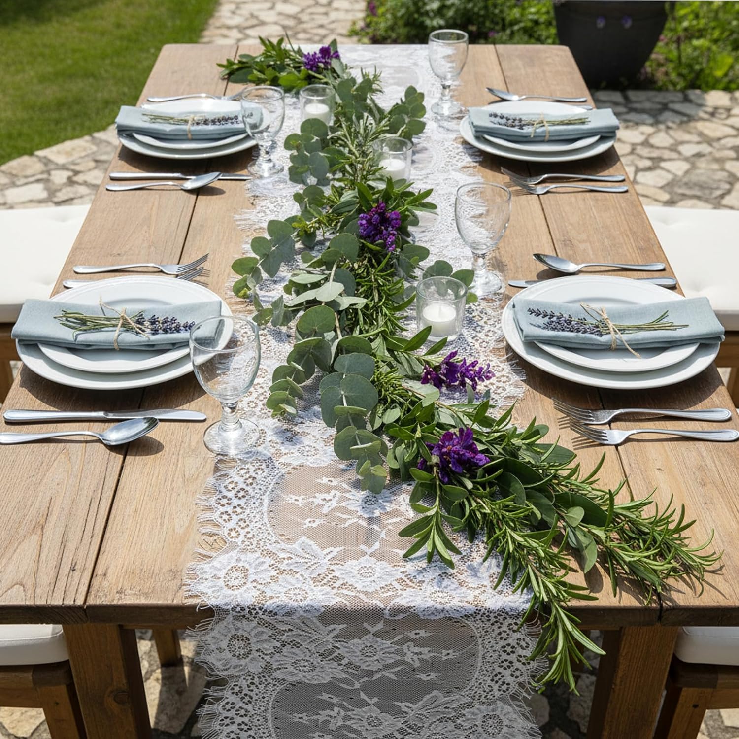 12 Pack White Lace Table Runners 14 x 120 Inch White Rustic Lace Fabric Table Runners with Rose Embroidered Floral Vintage Table-Runner for Party Wedding Bridal Shower Decorations