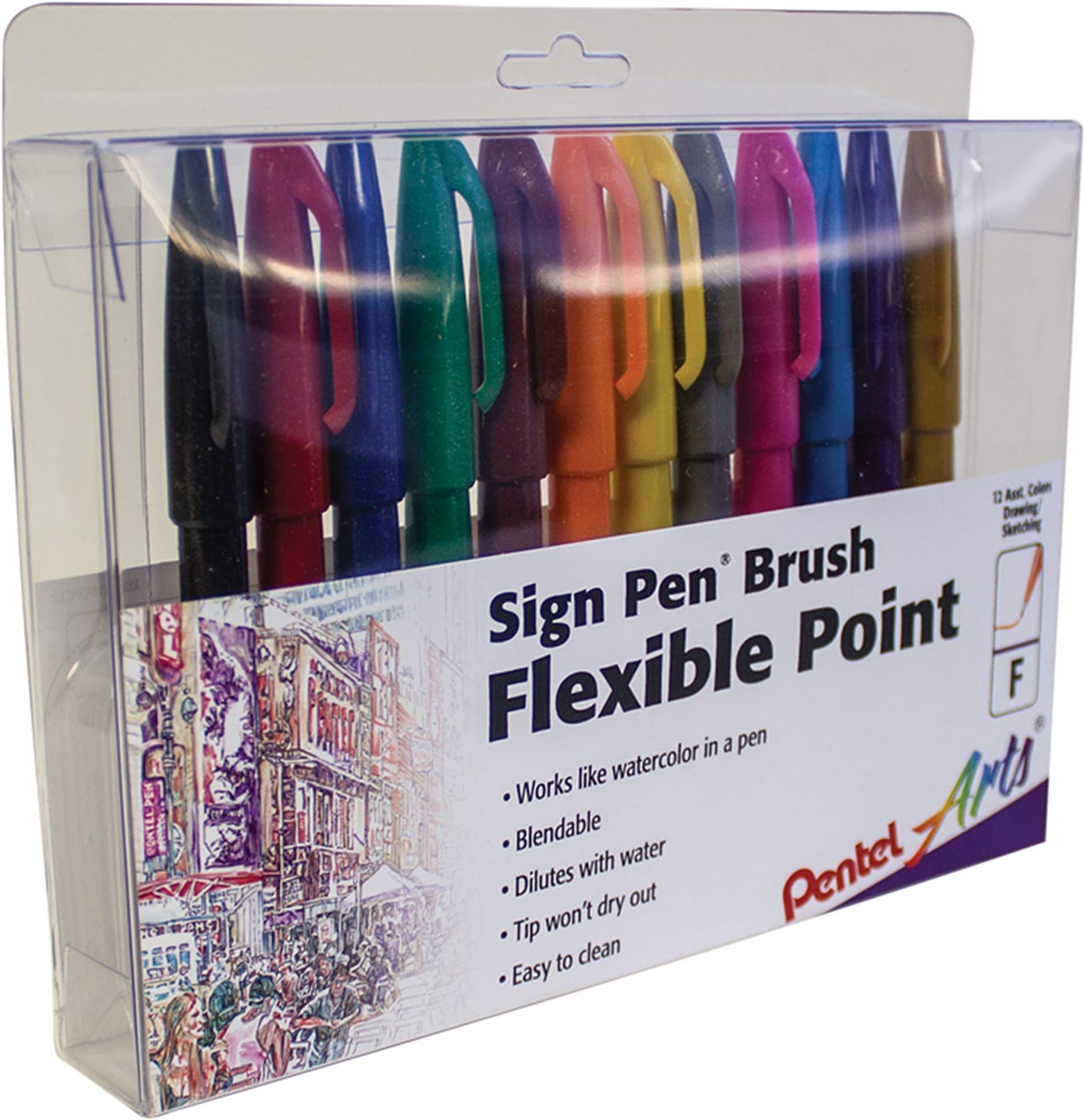 Pentel Arts Sign Pen Touch, Fude Brush Tip, 12 Assorted Colors in Marker Stand (SES15CPC12)