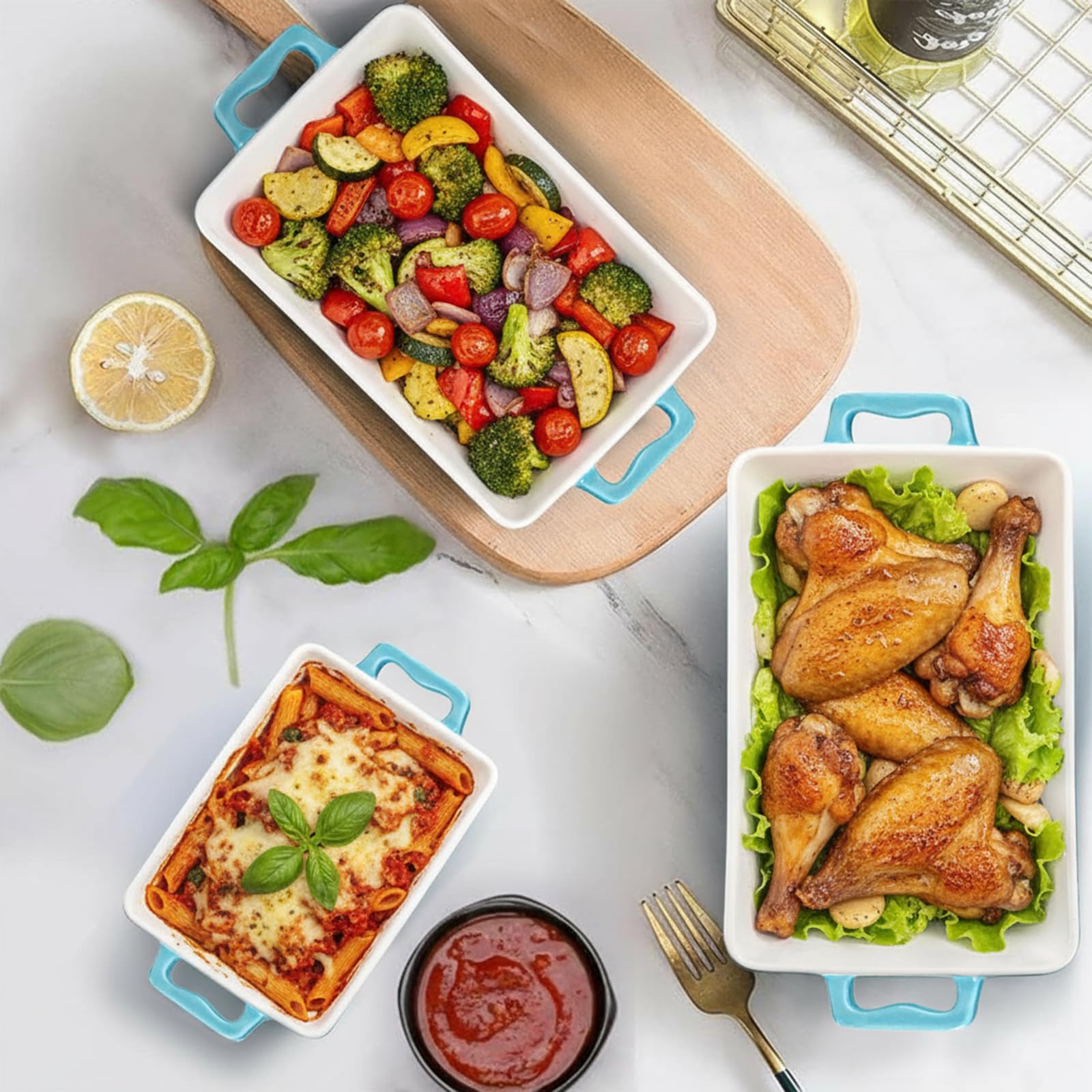 Hacaroa 3er Set Keramik Auflaufform, Rechteckige Backformen mit Griffen, Elegante Auflaufform Set Lasagnepfanne zum Backen, Kochen, Kuchen Abendessen, Bankett, Seeblau, 3 Größen