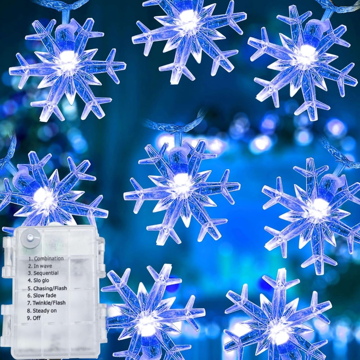 Dazzle Bright Christmas Snowflake String Lights, 2 Pack Total 100LED 50FT Battery Operated Christmas Lights with 8 Lighting Modes for Indoor Outdoor Xmas Tree Party Decorations, Blue