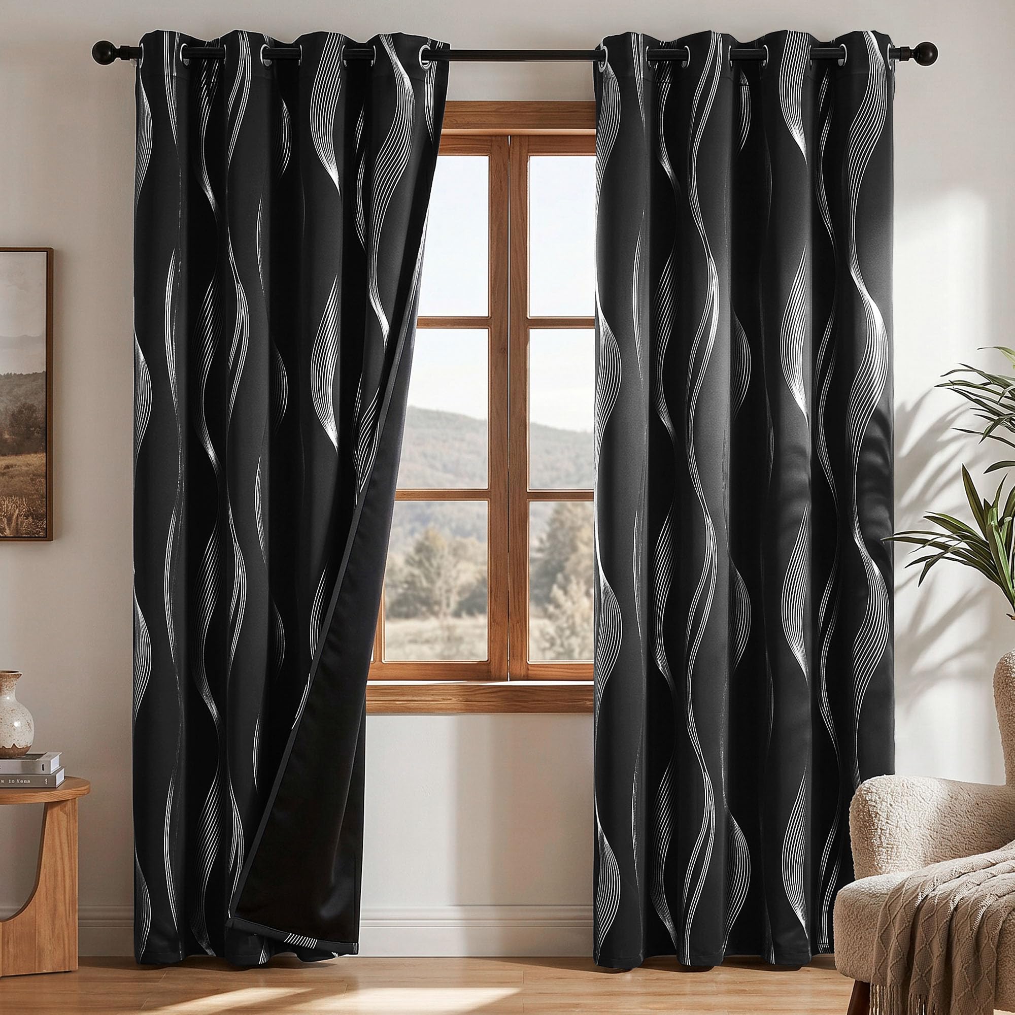 Deconovo 100% Blackout Curtains 90 Inch OEKO-TEX Certified Thermal Eyelet Curtains for Living Room Bedroom with Silver Wave Line Foil Printed Black W46 x L90 2 Panels
