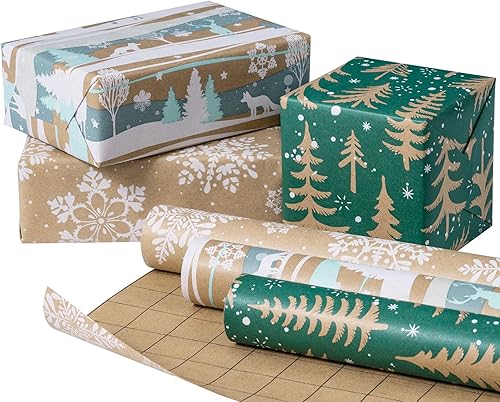 RUSPEPA - Rollos de papel de regalo de Navidad con etiquetas y cuerda de yute, 17 pulgadas x 10 pies por rollo, total de 3 rollos