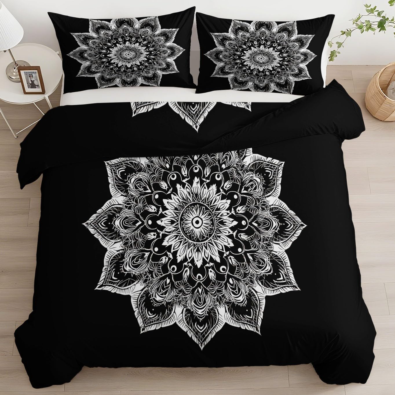 Pościel 135 x 200 cm, sztuka mandala, geometryczny wzór, poszewka na poduszkę, poszewka na poduszkę z nadrukiem 3D, zestaw pościeli z miękkiej mikrofibry, dla nastolatków i dorosłych, czarna