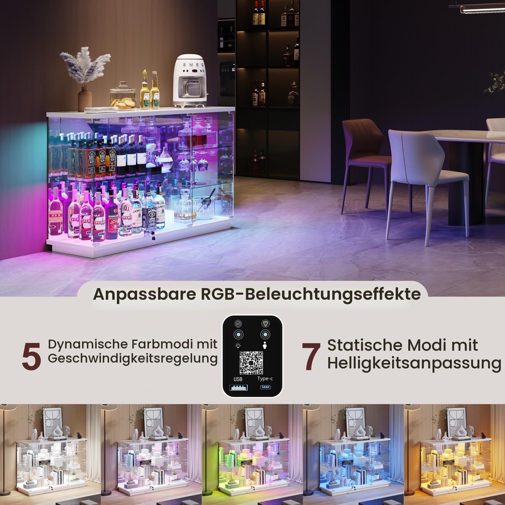 120 CM RGB Glasvitrine Stehend mit Ladestation und Bewegungssensor,Weiß