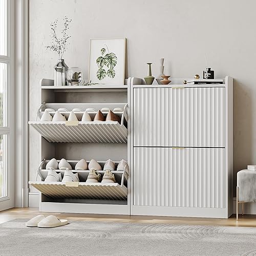 Juego de 2 gabinetes de zapatos estriados para entrada, gabinetes de zapatos delgados y estrechos con 2 cajones abatibles y estantes ajustables,