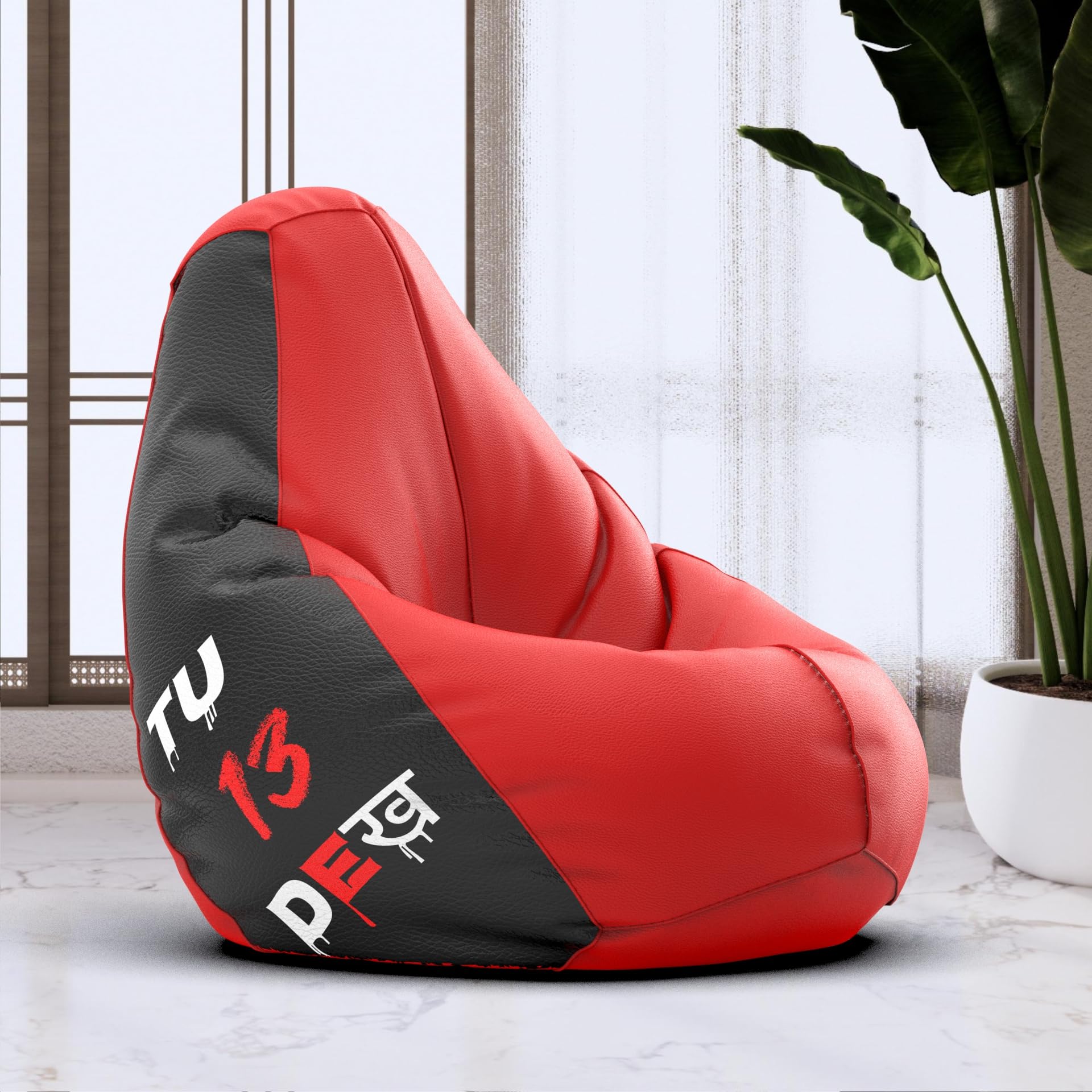 Bean Bag Chair Cover | Size: 4XL | Color: Tu Tera Dekh - Red Black | Without Beans | Premium Leatherette Cover (CMF 2107)-image-44