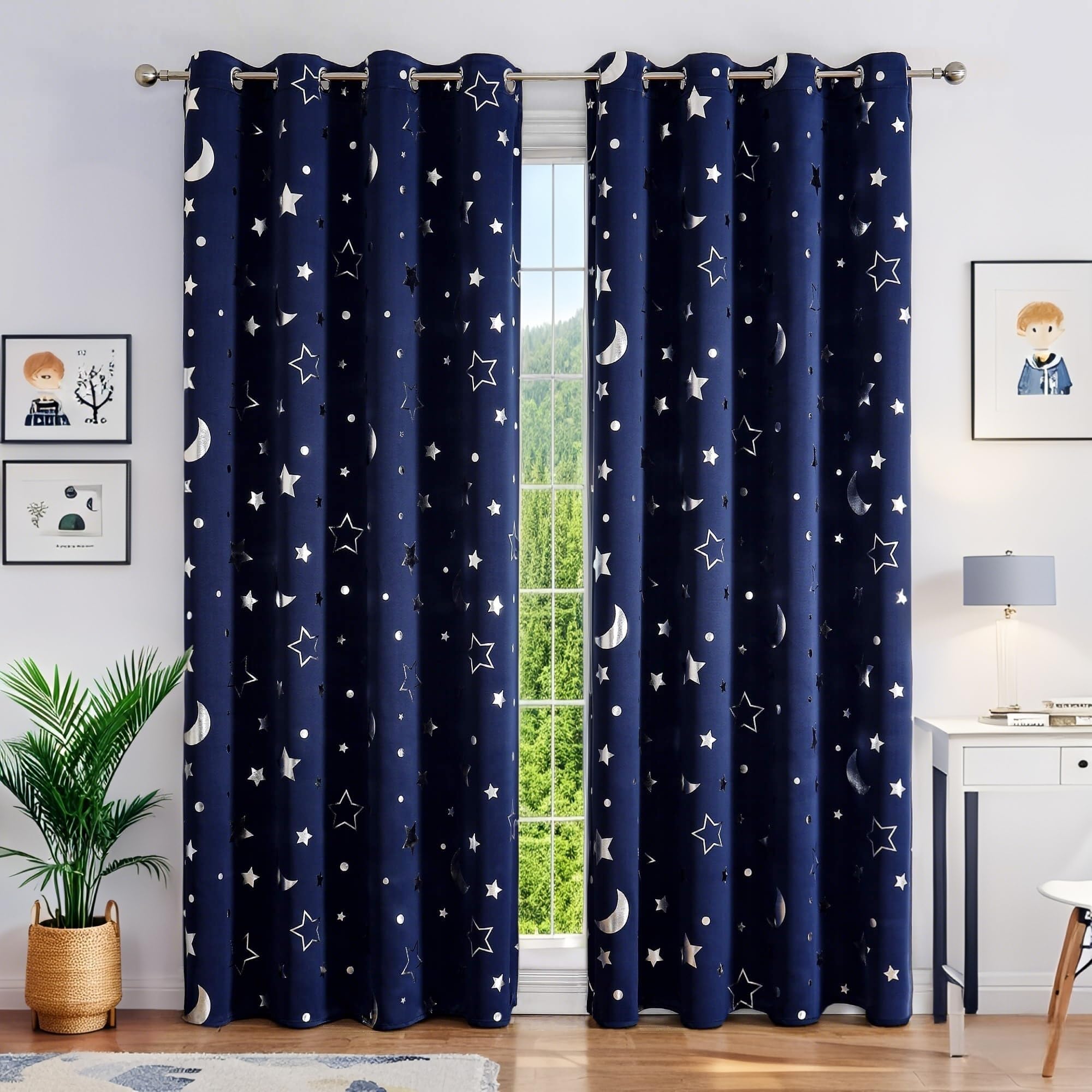 WUBODTI Boys Curtains Navy Blue 100% Blackout Star Curtains Cute Space Themed Thermal Insulated Room Darkening Blackout Drapes for Kids Room Nursery Boys Room(W52 x L96, 2 Panels)