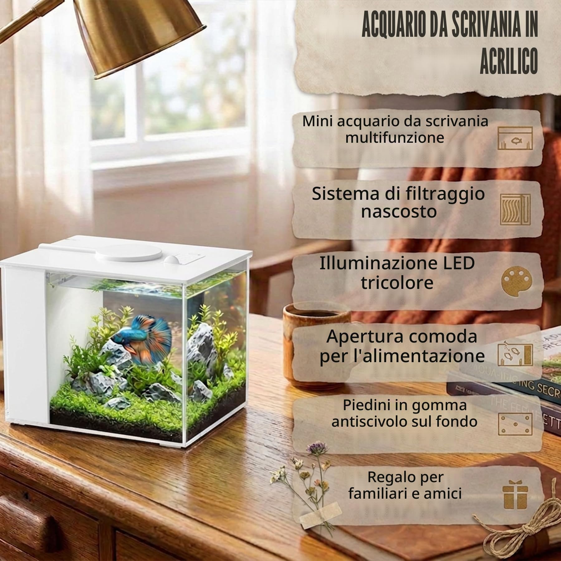 Vehipa 2,9 L Acquario Completo per Betta, Mini Acquario Completo con Pompa Filtro e Luce LED(Bianco)