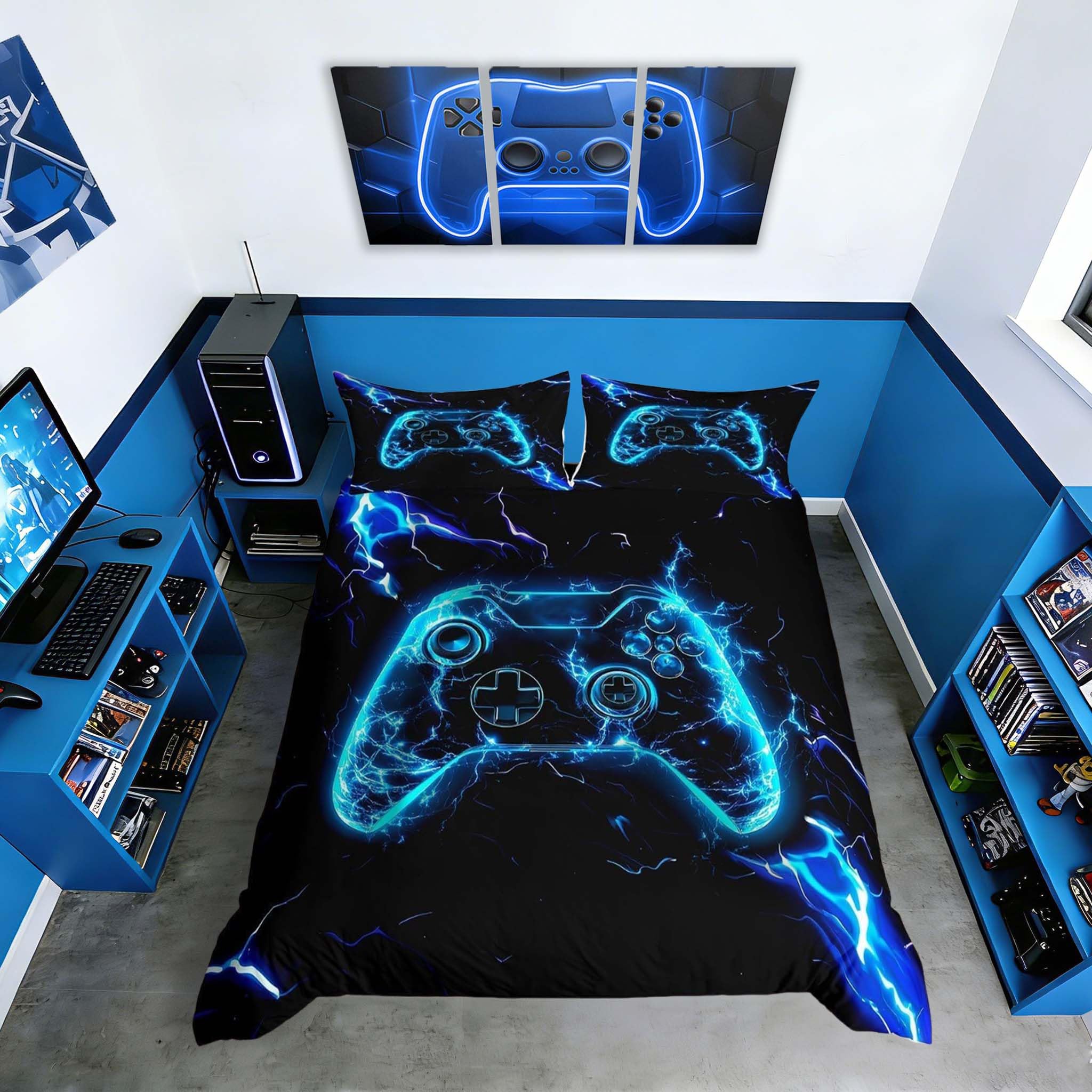 Homemissing Gamer Room Decor Duvet Cover Set King Size For Boys Kids Teens Gamepad Controller Bedding Set Gaming Bedding Comforter Cover Set Playroom Decor Duvet Cover with 2 Pillowcases — image 1